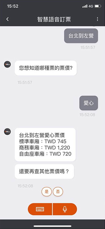 語音訂票操作畫面：查詢票價