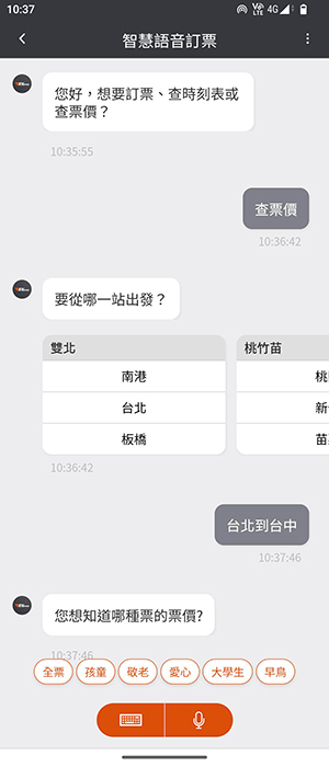 語音票價查詢畫面：步驟2.可查看各票種票價