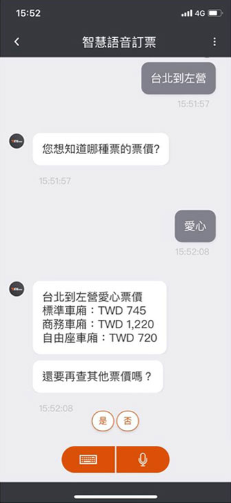 語音訂票操作畫面：查詢票價