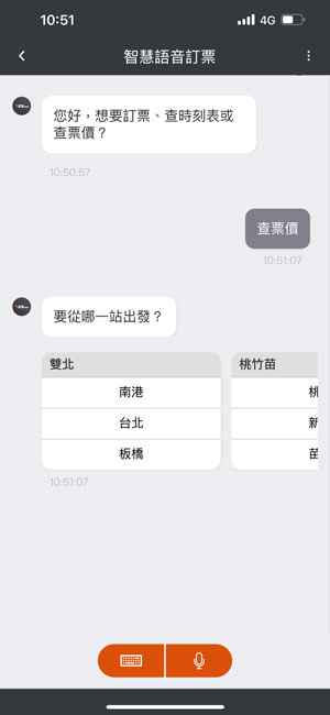 語音票價查詢畫面：步驟1.提出票價查詢需求