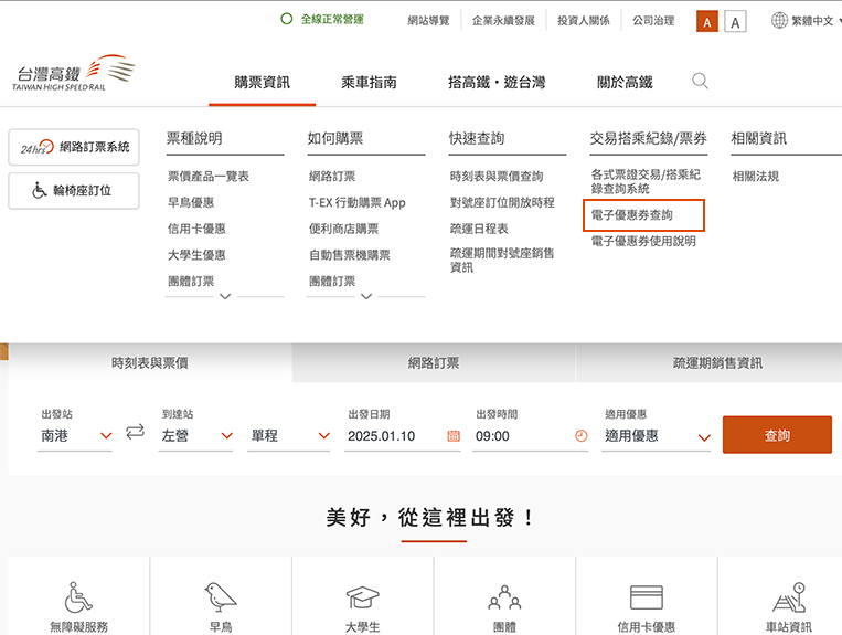 電子優惠券系統頁面：步驟1.高鐵企業網站首頁進入「交易搭乘紀錄/票券」，選擇「電子優惠券查詢」